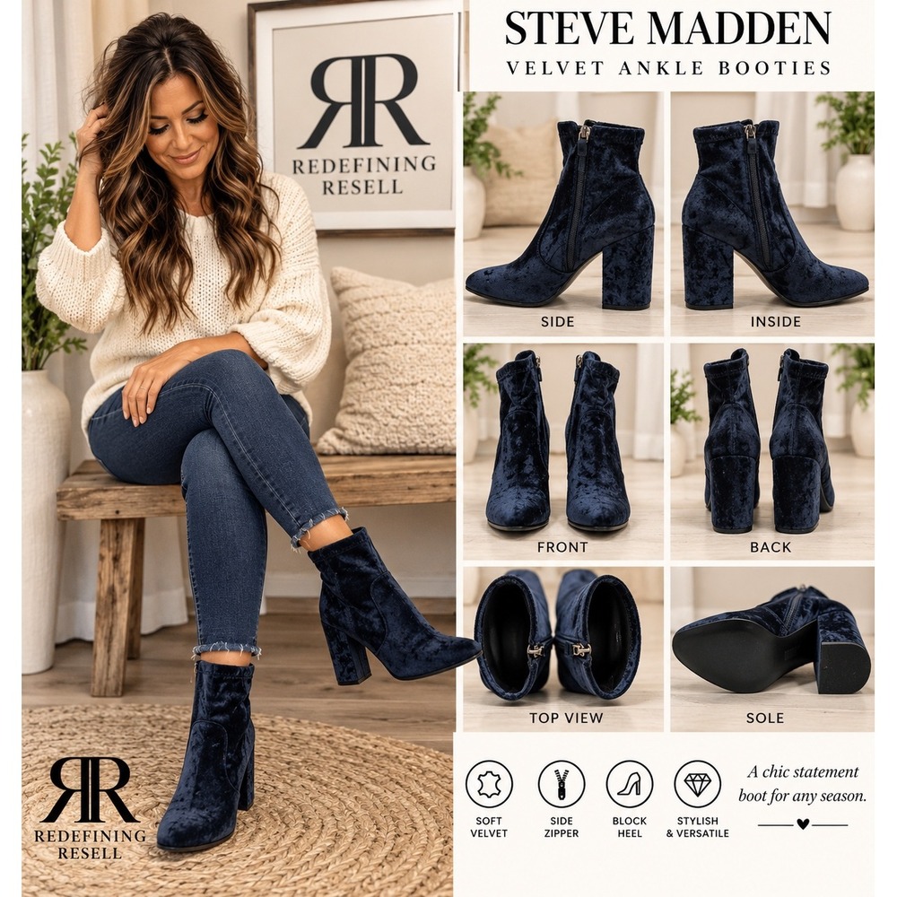 Steve Madden Gaze Navy Blue Velvet Ankle Booties Block Heel Size 8M